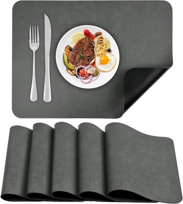 Набір підставок під тарілки 6 шт, неслизькі, миючіся, з штучної шкіри, 40 x 30 см (сірий/чорний)
