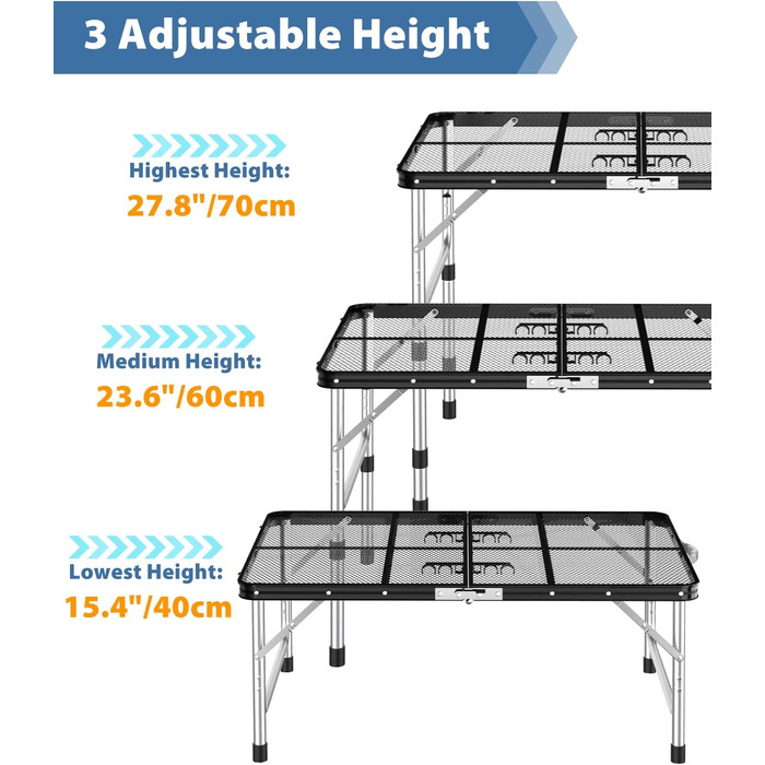 Розкладний стіл для кемпінгу, 90x60 см алюмінієвий кемпінговий стіл Максимальне навантаження 31,8 кг, Кемпінговий стіл регулюється по висоті (40 см, 60 см і 70 см) для пікніка Гриль Приготування їжі Сад Походи Подорожі Чорний