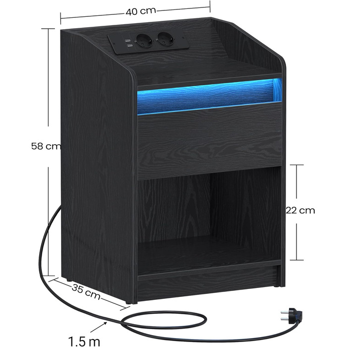Приліжкова тумбочка Hzuaneri зі світлодіодом, зарядна станція, шухляда, 2 USB, 2 розетки, набір з 2 шт. , чорний NS09104X