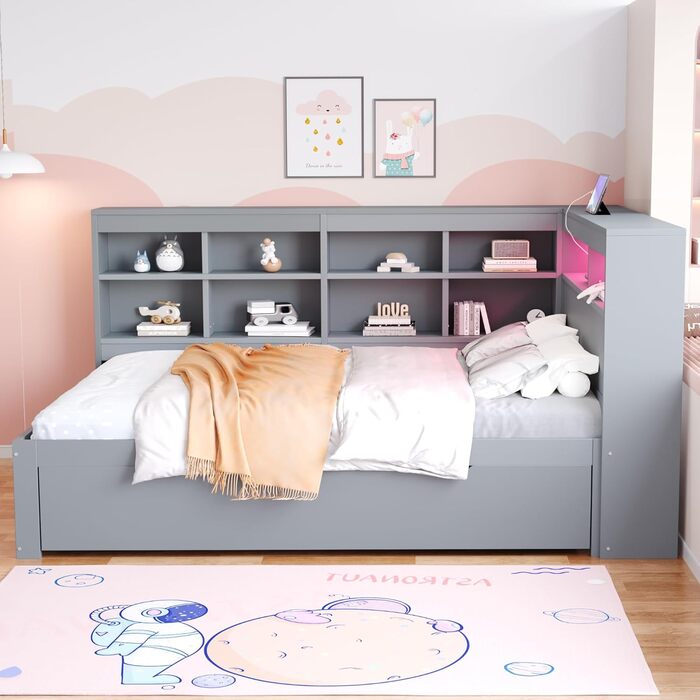 Диван-ліжко Kehun Doppelbet з LED-підсвіткою та USB-портом, трансформер з ящиками для зберігання та полицею, ліжко з ламелями, білий колір, без матраца, 140x200 см (сірий)