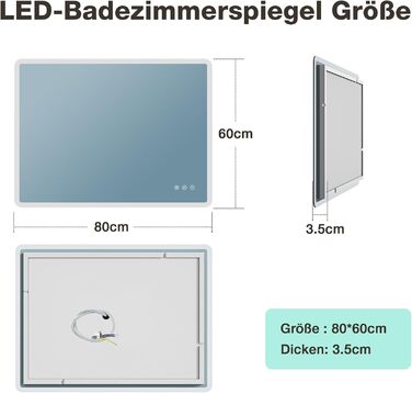 Дзеркало для ванної кімнати GIMBELEN LED з підсвічуванням 80x60 см, прямокутне, сенсорне керування, регулювання яскравості, 3 кольори світла, антизапарник, вертикальна/горизонтальна установка