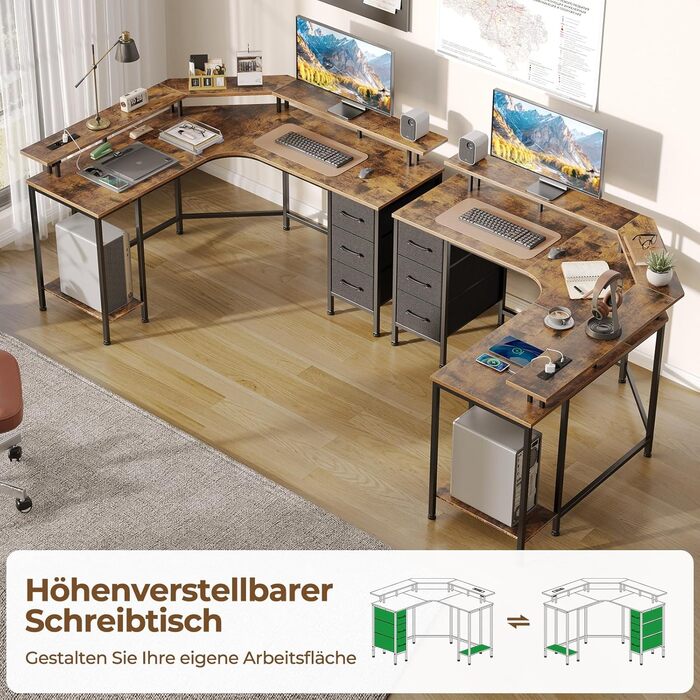 Ігровий кутовий стіл Seventable L-подібний з LED підсвіткою, розетками та 3 текстильними шухлядами, 135x135x88 см (Вінтажний коричневий)