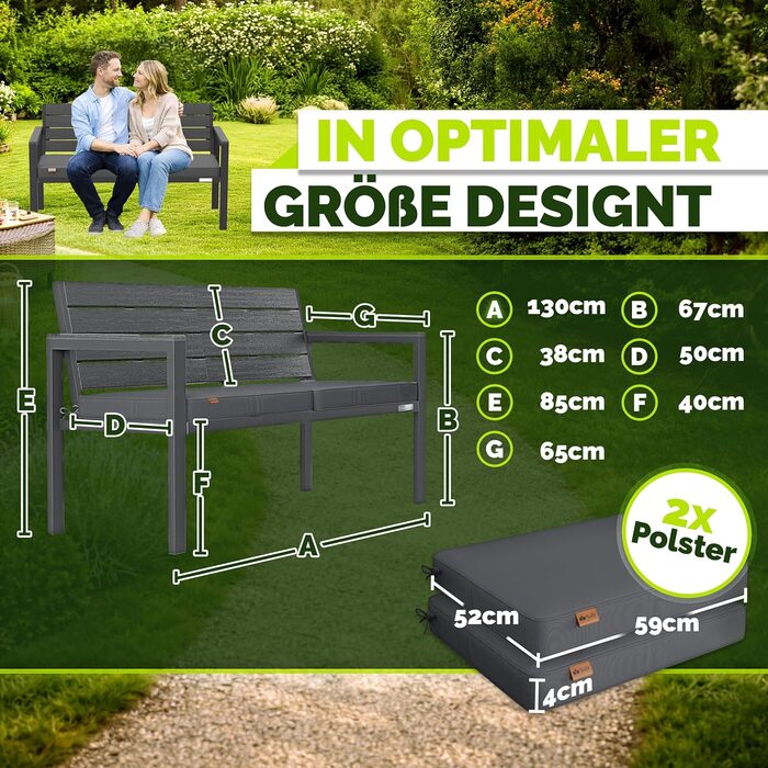 Садова лавка Tillvex® 3-4 місця з подушками та чохлом, вулична, деревоподібна, до 300 кг, стійка до УФ-випромінювання, антрацит 130 см