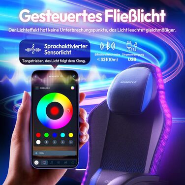 Ігровий крісло Dowinx з RGB підсвічуванням, LED, з підніжкою, для дорослих, ергономічний, з масажем попереку, PU шкіра, білий (блакитний)