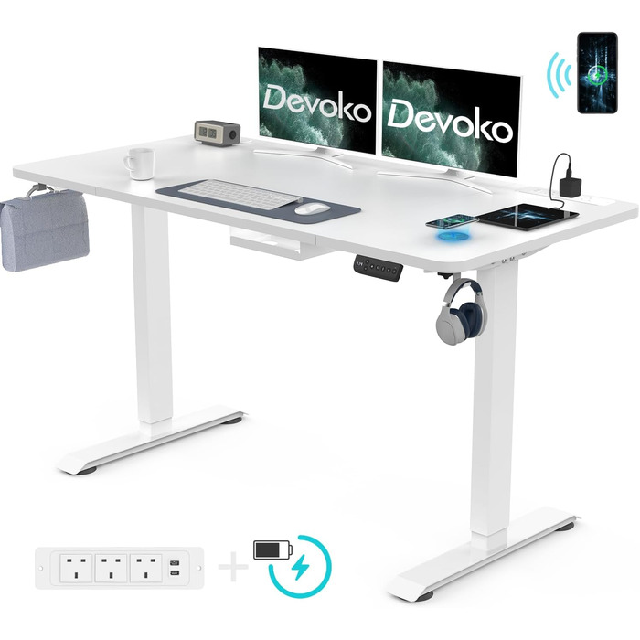 Стіл Devoko 160 x 80 см з регулюванням висоти, електричний стіл з індукційним зарядним пристроєм, електричний з керуванням пам'яттю та пам'яттю сидячи, 3 розетки, 4 коліщатка на 360 (сірий) білий і fr 160 x 80 см