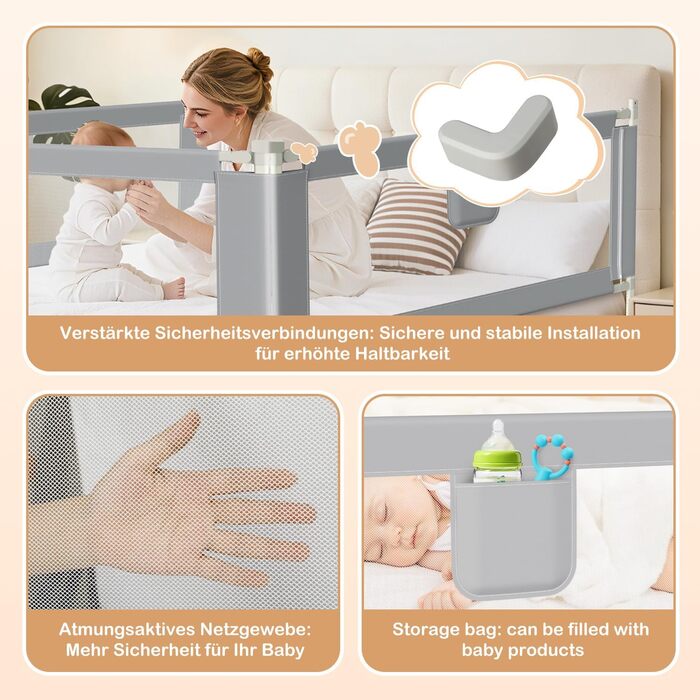 Захисний бортик для ліжка дитячий Ikodm 2x200 см + 1x180 см, регульована висота 64-96 см, сірий