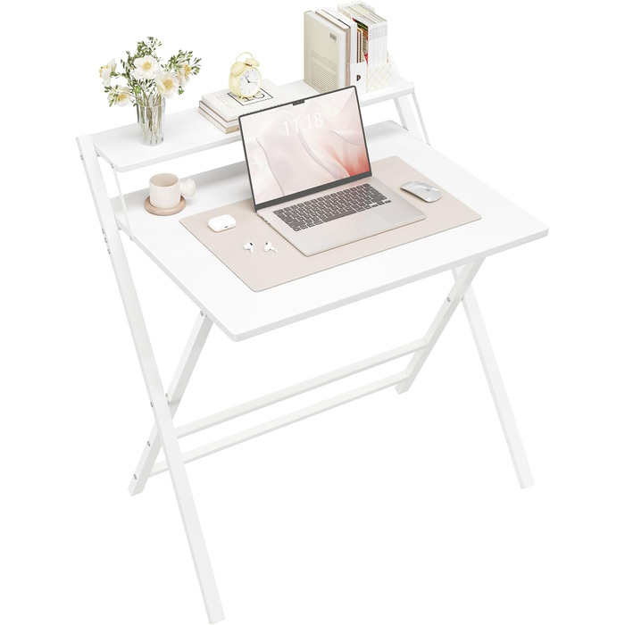 Складний стіл Yaheetech 80 см для комп'ютера з полицею, двоступінчастий робочий стіл з підставкою для монітора, стіл для ноутбука для дому/невеликих кімнат/вітальні, білий, 80 см x 50 см, 86.5x60.5x90 см