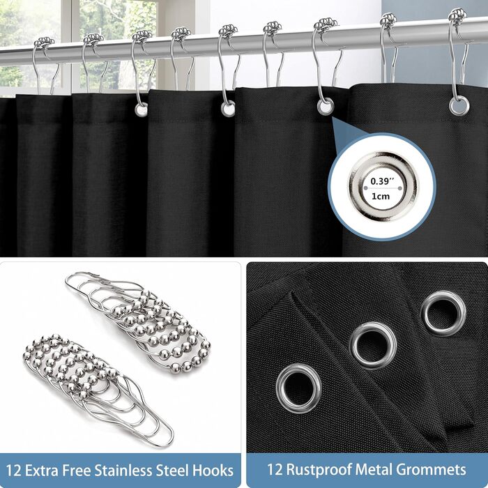 Шторка для душу з льону з металевими кільцями, сіра, 182 x 214 см