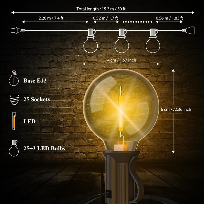 Ліхтарі вуличні, 64 LED G40, IP44, внутрішні/зовнішні, штепсельні, теплі білі, 15 м