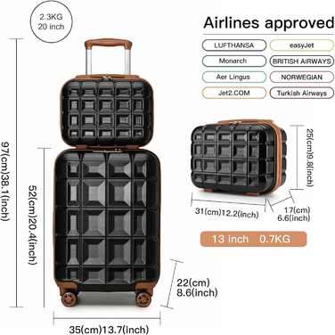 Набір валіз KONO 2 в 1: велика валіза (54 см) та косметичка (білий/чорний/коричневий)