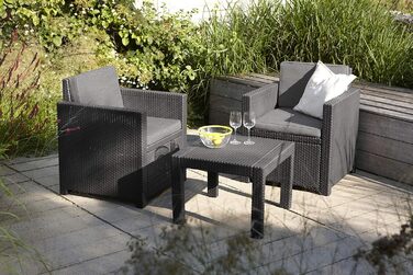 Набір меблів для балкона Allibert Victoria, графіт/cool grey, 3 шт., з подушками для сидіння та спинки, пластик, імітація ротангу, графіт/сірий