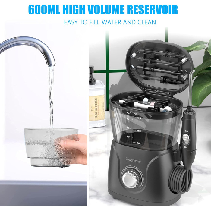 Електрична іригатор для порожнини рота з 10 рівнями тиску та 8 насадками, професійний водяний флосер, резервуар для води 600 мл, ідеально для сім'ї, білий (чорний)