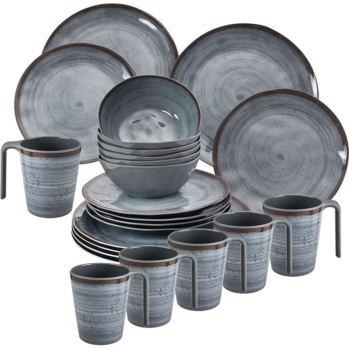 Набір посуду для кемпінгу з меламіну на 6 осіб сірого кольору, 18 частин: тарілки та мисочки. Також доступний набір на 24 частини з чашками