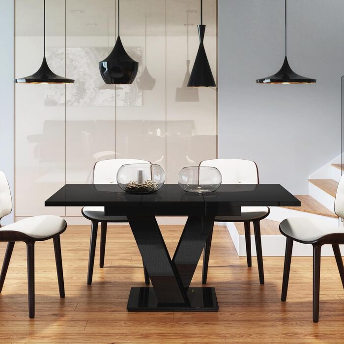 PROROOM FURNITURE Розсувний кухонний стіл Malvi – чорний глянцевий стіл 120-160 см для 4-6 осіб | Легка збірка | Для їдальні та кухні