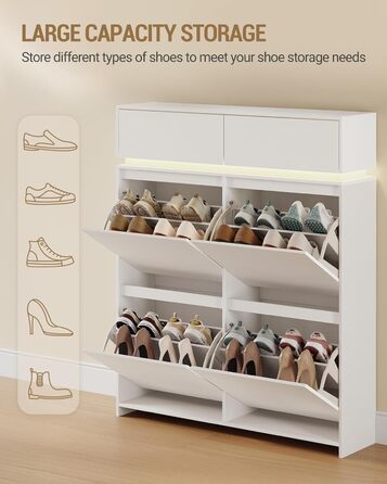 Взуттєва шафа Hzuaneri з 4 стулками, вузька, з LED-підсвічуванням, регульована перегородка, на 20 пар, 100 x 119 x 24 см, для передпокою, біла SR53603XEU