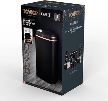 Tower 58 квадратний сміттєвий бак з датчиком (чорний та рожеве золото)