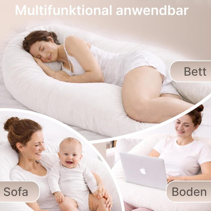 Подушка для вагітних ELONEO NEU для сну на боці, подушка для годування, XXL розмір, біла, знімний чохол, подушка для читання, пральна