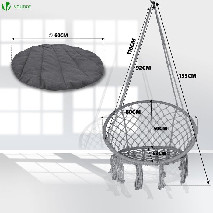Підвісне крісло-гойдалка VOUNOT з полицею для книг та подушкою, для дому та саду, діаметр сидіння 80 см, X-Large, сірий колір