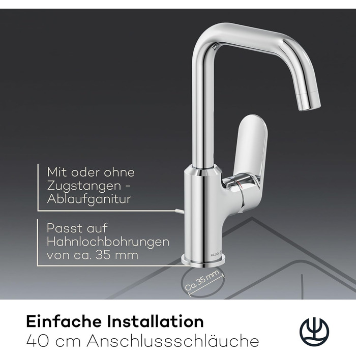 Змішувач для умивальника KLUDI-X1 з витяжною системою, поворотний на 360°, висота виливу 205 мм, водозберігаючий, розмір L, з підключенням, хром, з комплектом для зливу, хром