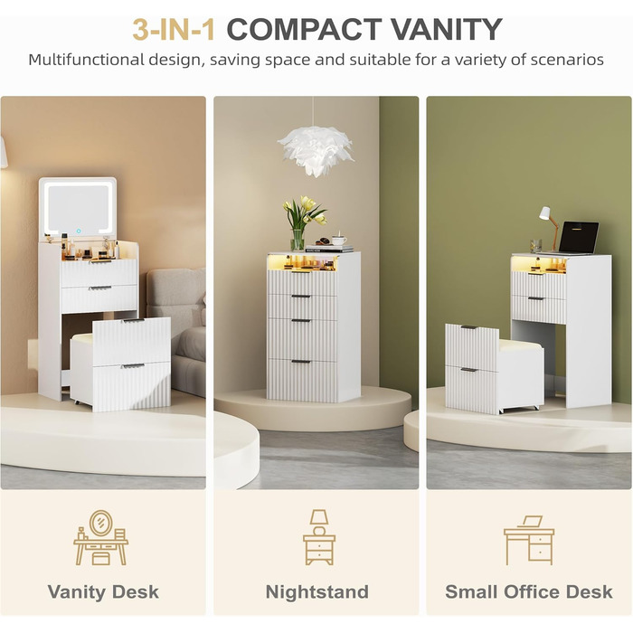 Трюмо Lvifur з LED-дзеркалом та 3 висувними ящиками, кутовий, для спальні, квартири, гуртожитку, білий