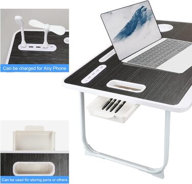 Складаний столик для ноутбука з USB-портом, з ручкою, кишенями для карток, тримачем для напоїв та висувною шухлядою (чорний)
