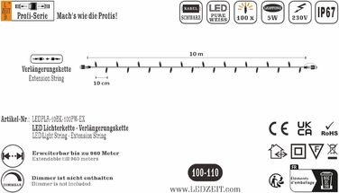 Професійний світлодіодний світловий ланцюг LEDZEIT, 10 м, 100 теплих білих світлодіодів, розширюється, міцний, внутрішній/зовнішній, чорний