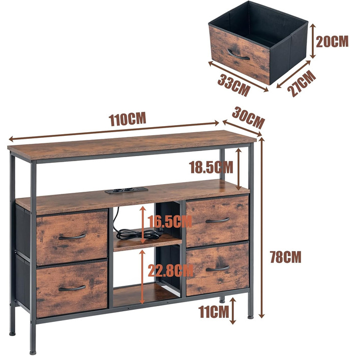 Вінтажна шафа для вітальні з LED-підсвічуванням, комод у стилі вінтаж з 4 висувними ящиками, 110x30x78 см, 2 USB та 2 AC роз'єми, дерев'яний комод для вітальні/кухні