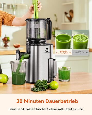 Шовковий відцентровий соковичавник - переможець тесту, для цілих овочів та фруктів, 130 мм завантажувальний отвір, 1.8л, BPA-free, 250W, функція зворотного ходу, легке очищення, нержавіюча сталь, чорний