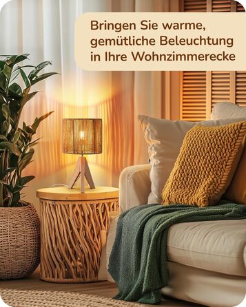 LED настільна лампа EDISHINE з абажуром з ручної роботи та дерев'яною підставкою, тепле світло 2700K, бохо-стиль для спальні, вітальні та готелю, з лампочкою E27 4W, паперовий шнур