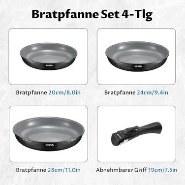 Набір сковорідок BEZIA з знімними ручками, антипригарне покриття, індукційні, 20+24+28 см, стакельне, придатні для миття в посудомийній машині та духовці