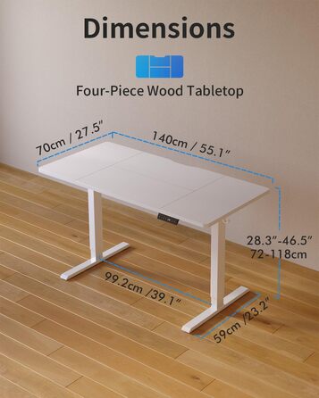 FEZIBO Стол регулируемый по высоте с USB-портами, 140 x 70 см, белый. Электрический стол для работы, эргономичный стоячий стол для дома и офиса
