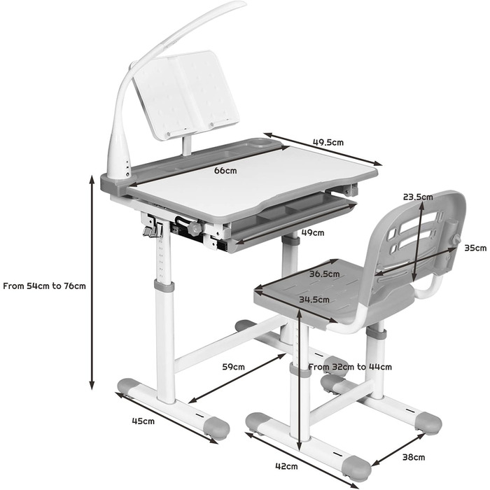 Дитячий письмовий стіл DREAMADE з регулюванням висоти з лампою, підставкою для книг, стільцем і шухлядою (сірий)