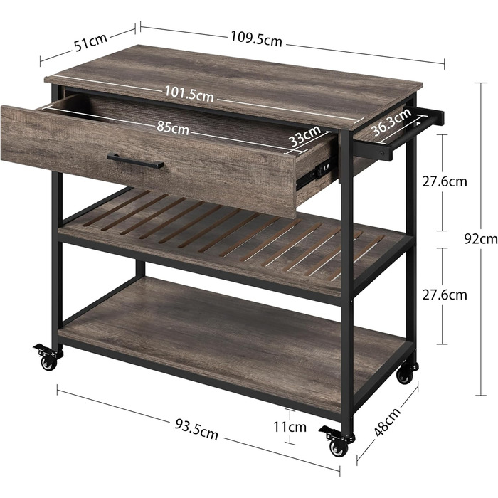 Кухонний візок Yaheetech з ящиком, 2 полиці, 4 колеса, 109,5x592 см, темно-коричневий