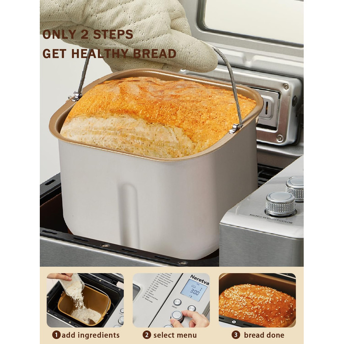 Хлібопічка Neretva з 17 програмами, об'ємом 2.2 кг, з дозатором горіхів та фруктів, керамічним антипригарним покриттям, для безглютенових продуктів, тіста, закваски та йогурту, срібна