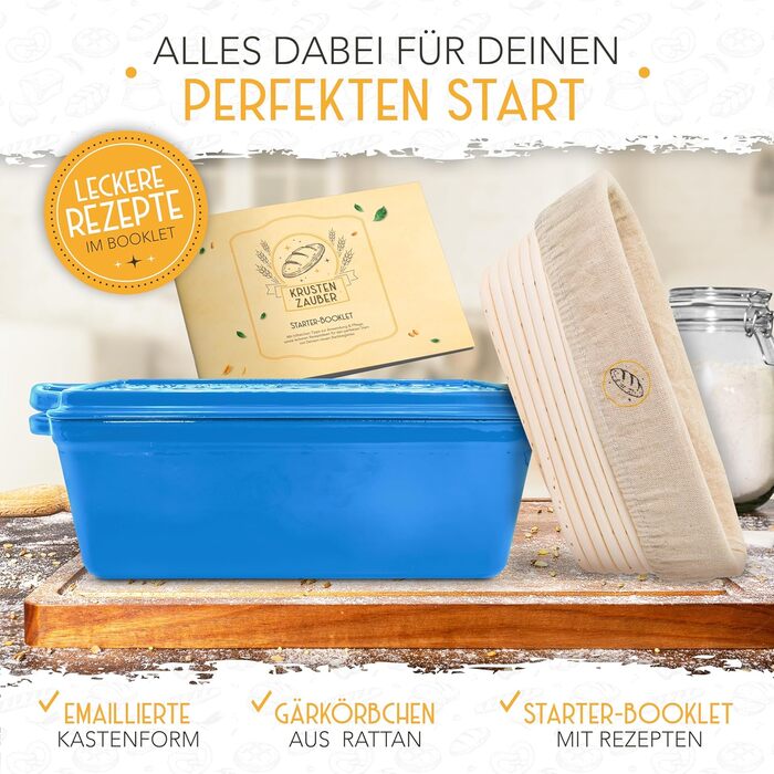 Емальована форма для випікання хліба з кришкою та кошиком для підйому тіста - міцна 28см форма з чавуну - ідеальна для тостів, хліба, випікання в чавунному горщику, аксесуари для випікання, броттоп (Блакитний, Квіткова форма)