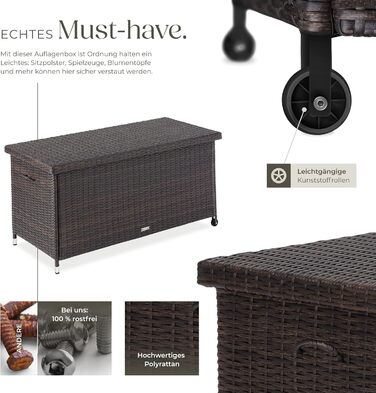 Ящик для подушок Tectake з ротангу, 270л, коричневий - водонепроникний, з замком, на колесах для саду, тераси, балкону