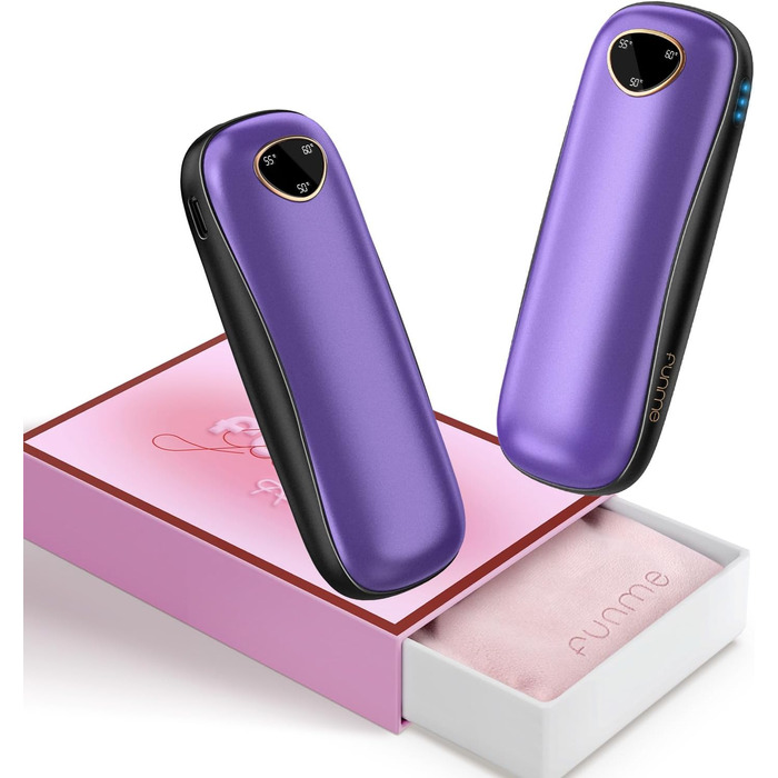 Електричні грілки для рук Funme® 10000mAh (2 шт.) з подарунковою коробкою. USB Powerbank, багаторазові, до 60°C, для жінок, ідеальні для активного відпочинку. OT95 (фіолетове золото)