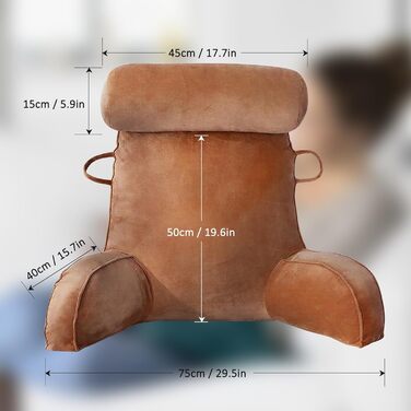 Подушка для читання MINGPINHUIUS XL для ліжка та дивана з знімною подушкою для шиї, ідеальна для дорослих, з піною з пам'яті для комфортного читання, роботи, ігор, перегляду телевізора та відпочинку (Коричнева)