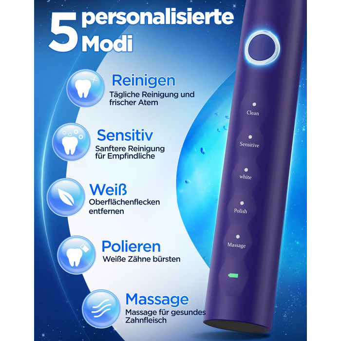 Електрична зубна щітка зі звуковими вібраціями, 8 насадок (3 типи), таймер, 120 днів роботи від акумулятора, 5 режимів чищення, чохол для подорожей, зарядний пристрій, що кріпиться до стіни (фіолетовий)