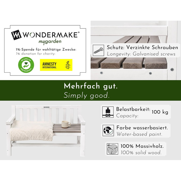 Дитяча дерев'яна лавка Kinder-Gartenbank для саду та відпочинку, 2-місна, з текстильним покриттям та спинкою, масив, білий/сірий/антрацит