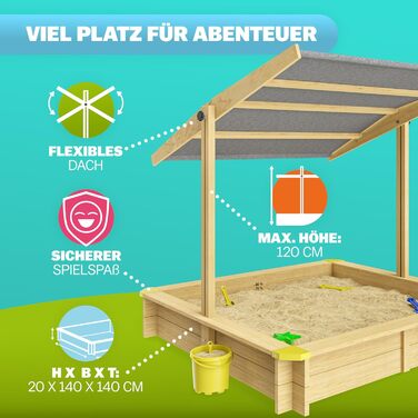 Пісочниця Spielwerk Sonnendach 120x120 см з дахом, натуральне дерево, захист від УФ, борти, підкладка, дитяча пісочниця Fritzi