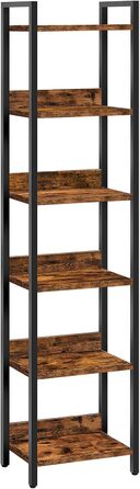 Стелаж MAHANCRIS ABKHR6601N1 з 6 полицями, 24 x 33 x 157,5 см, для вітальні, спальні, офісу, з металевим каркасом, рустичний колір, коричнево-чорний