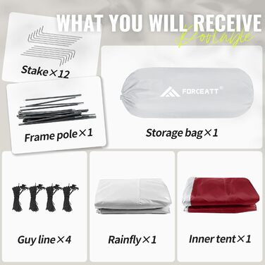 Намет кемпінговий Forceatt 2-3 особи, водонепроникний, вітростійкий, 3-4 сезони, червоний
