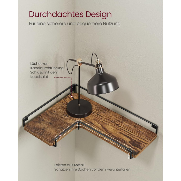 Набір кутових настінних полиць VASAGLE L-подібні, індустріальний стиль, для вітальні, спальні та кухні, вінтажний коричневий та чорний, 3 шт. (LLS831B01)