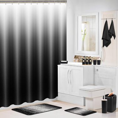 Набір для ванної кімнати 17 предметів: аксесуари для ванної, сміттєвий бак, дозатори мила, тримач для зубних щіток, 6 дерев'яних гачків, аксесуари для кухні та ванної (Чорний, Комплект для ванної + штора для душу + килимок для ванної + рушник для ванної)