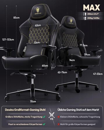 Ігровий крісло Dowinx 200 кг, ергономічний офісний крісло з 4D підлокітниками та підтримкою попереку, регульована висота, чорний
