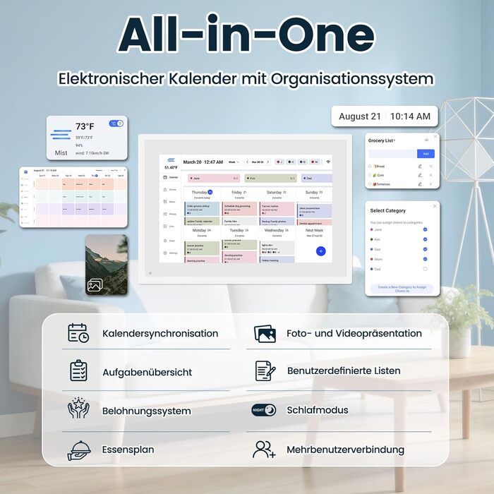Цифрова фоторамка Frameo 10.1 дюймів WLAN, Full HD IPS сенсорний екран 1280x800, 32ГБ пам'ять, автоматичний поворот, можливість монтажу на стіну, керування через додаток Frameo (Білий)