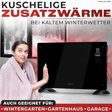 ProfiCare® Електричний конвектор з скляною передньою панеллю та X-подібним нагрівальним елементом | Мобільний обігрівач, також підходить для настінного монтажу | Конвектор з 2 рівнями нагріву | Безшумне опалення - 0dB | PC-GKH 3119 чорний