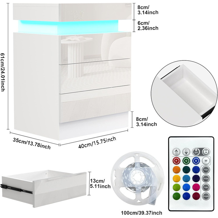 Тумбочка приліжкова зі світлодіодом, 3 ящики, відкидна кришка, біла, 45x35x61см