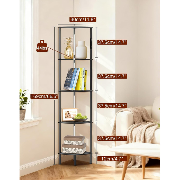 LED торшер з полицею: 3 режими світла, димування (сенсор, пульт), кутова полиця 5 рівнів, вузька книжкова шафа для вітальні, спальні, офісу (чорний)